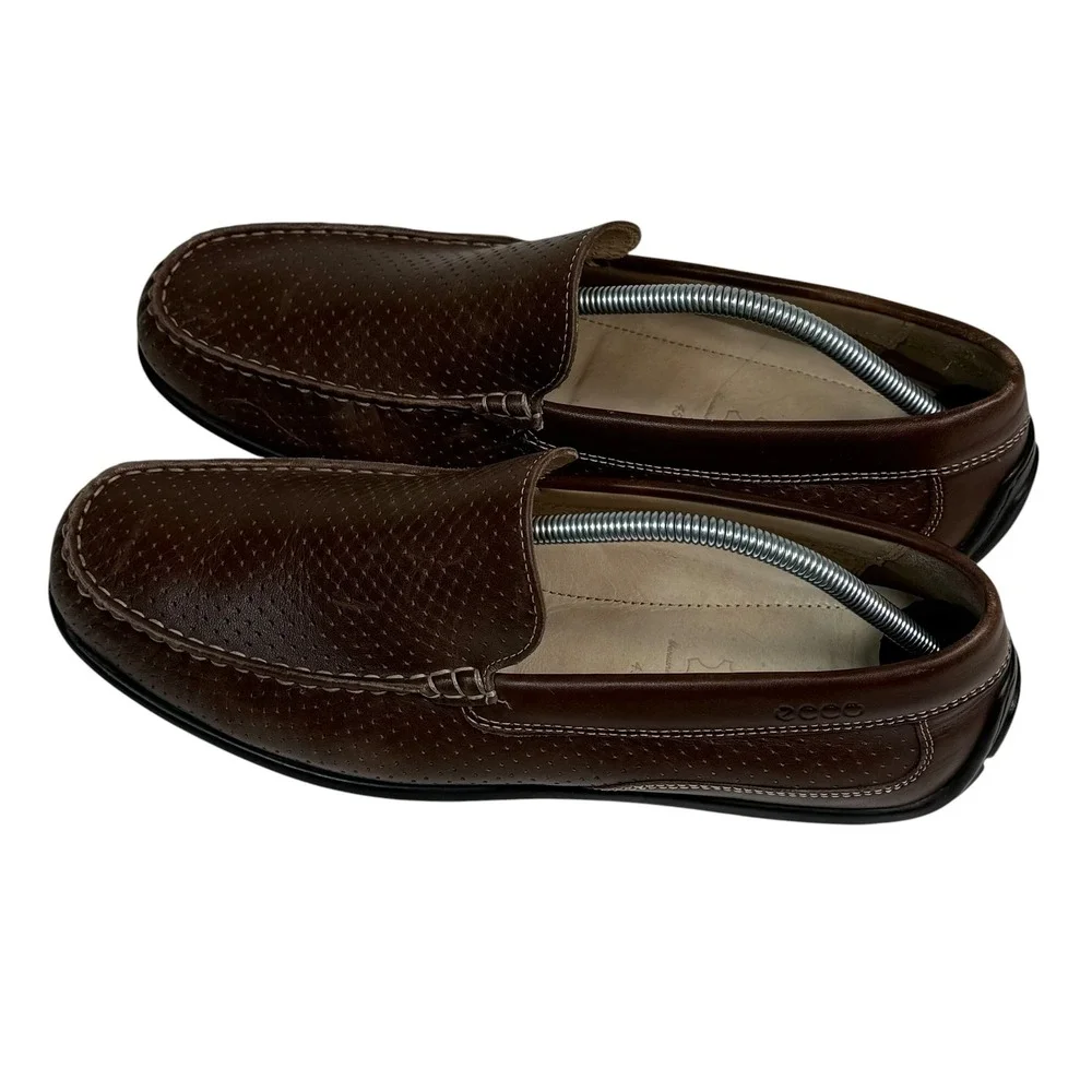 ECCO Men Brown Leather Perforated Moccasin Loafers EU 45 US 11-11.5 Driving Shoe